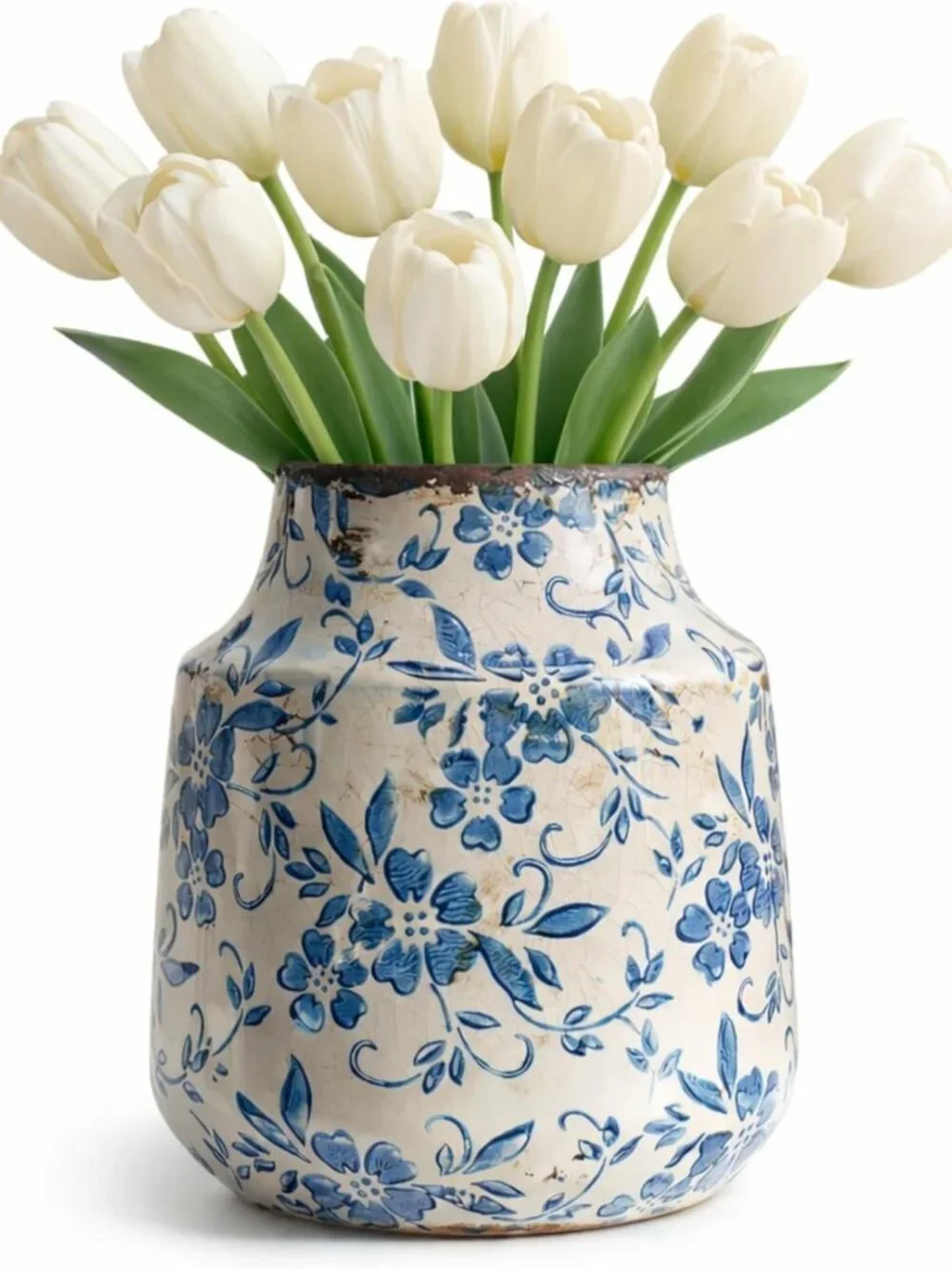 Vintage Blue & White Ceramic Vase - Decorative Pottery for Tulips, French